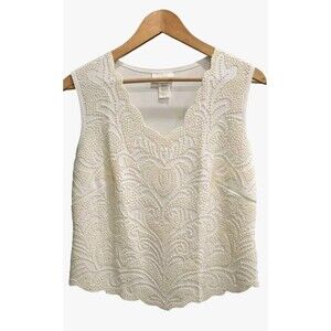 Vintage Dress Barn Blouse  Women's Large Cream Beaded Sequin Scalloped Trim